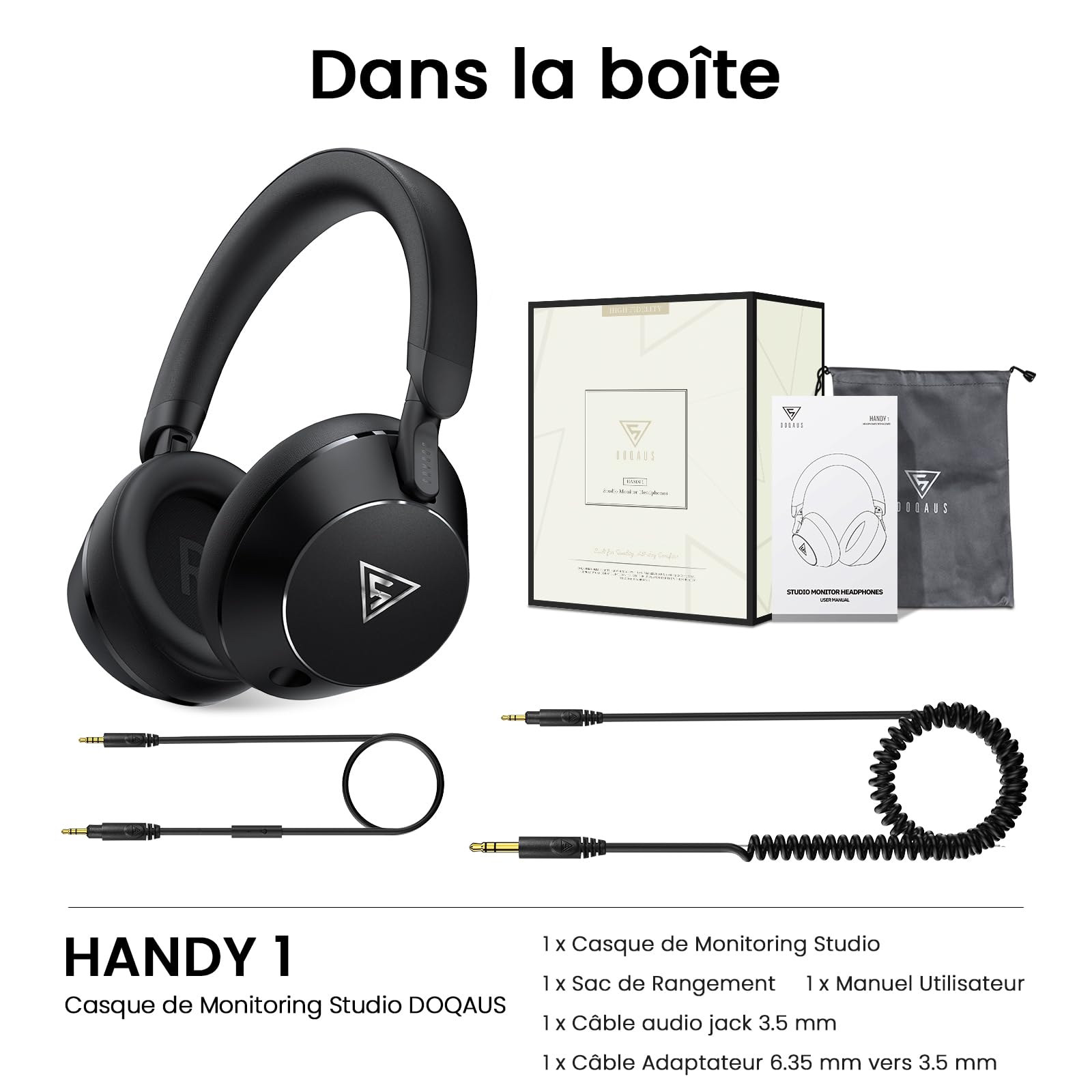 DOQAUS Casque Filaire, Contrôleur 50 mm, 2 câbles, Interface 3,5 et 6,35 mm, Casque DJ pour PC AMP Recording Phone Piano Guitare (Noir)