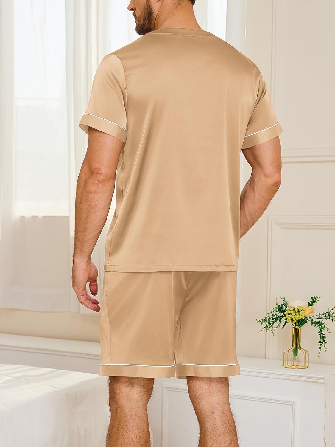Vssjavun Men's Satin Pajama Set Short Sleeve 2 Piece Button Up Sleepwear