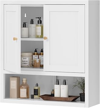 COFaR Bathroom Wall Cabinet, Metal Wall Cabinet Over Toilet with Doors and Open Shelf, Medicine Cabinets for Bathroom Kitchen Laundry, White