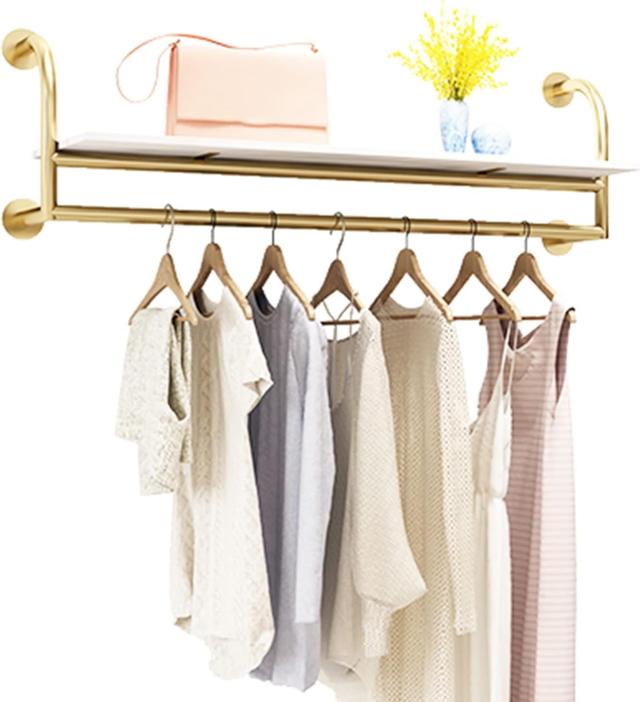 HPTHLY Wall-Mounted Clothes Rack With Wooden Shelf, Floating Display For Clothing Store, Sturdy Metal Multi-Functional Garment Nizer, Retail Clothing Fixture,C-100Cm (C-120Cm)