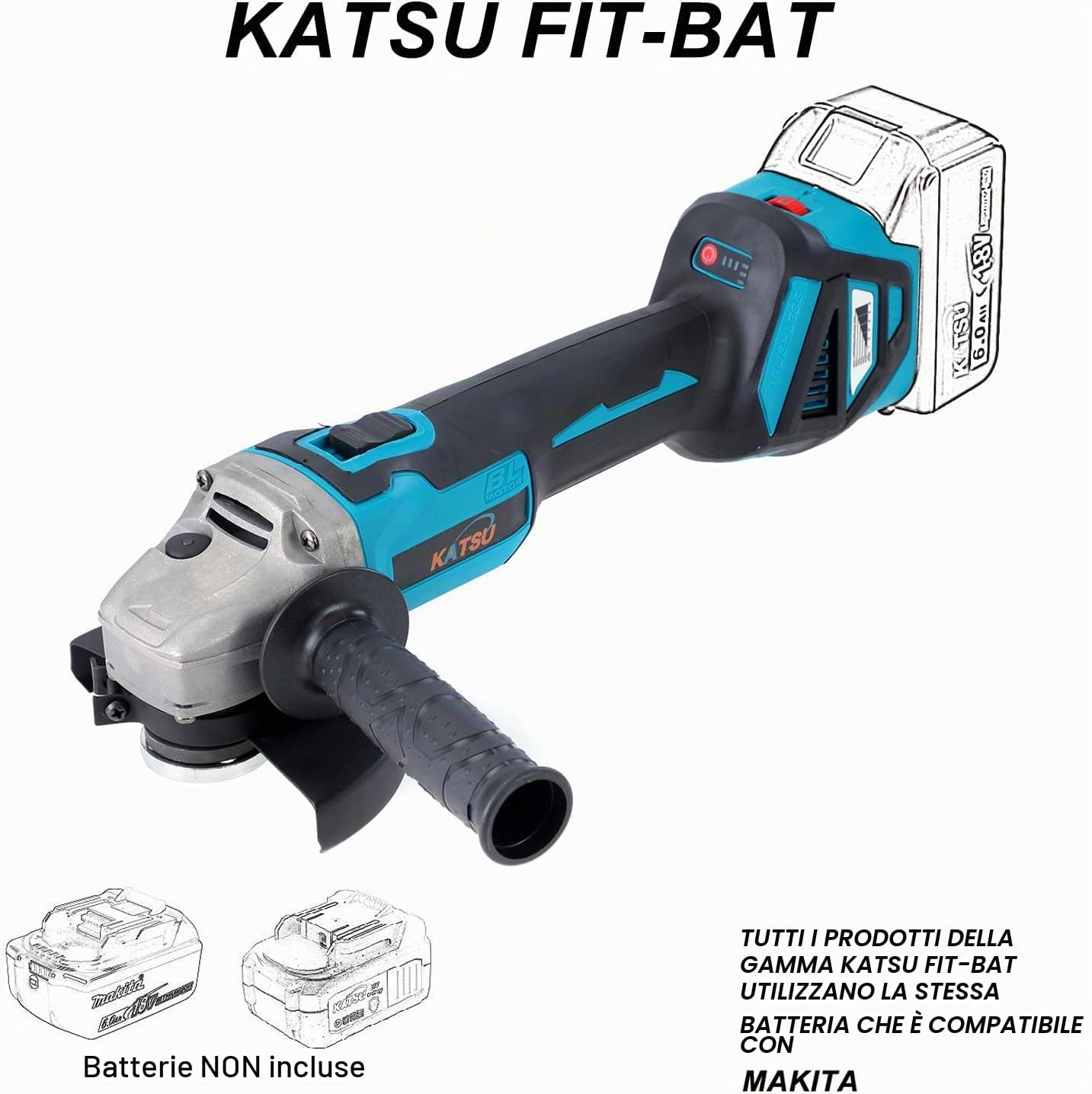 Smerigliatrice Angolare a Batteria Brushless 21V KATSU FIT-BAT, 115mm 125mm con Motore Brushless, 6 Velocità, per Taglio Lucidatura Smerigliatura, senza Batteria102609