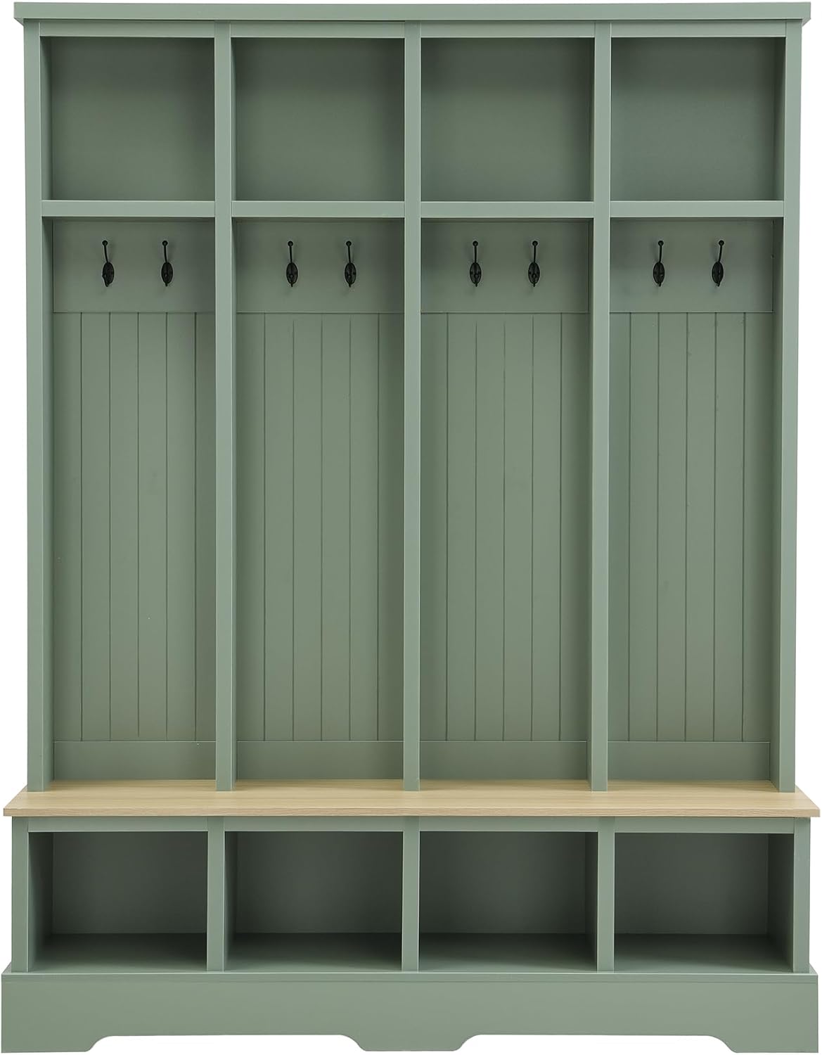 SOFTSEA Wide Hall Tree with Bench, Entryway Bench with 8 Hooks and Storage Shelves, Modern Hall Tree Entryway Coat Rack with Shoe Storage for Mudroom, Living Room, Mint Green