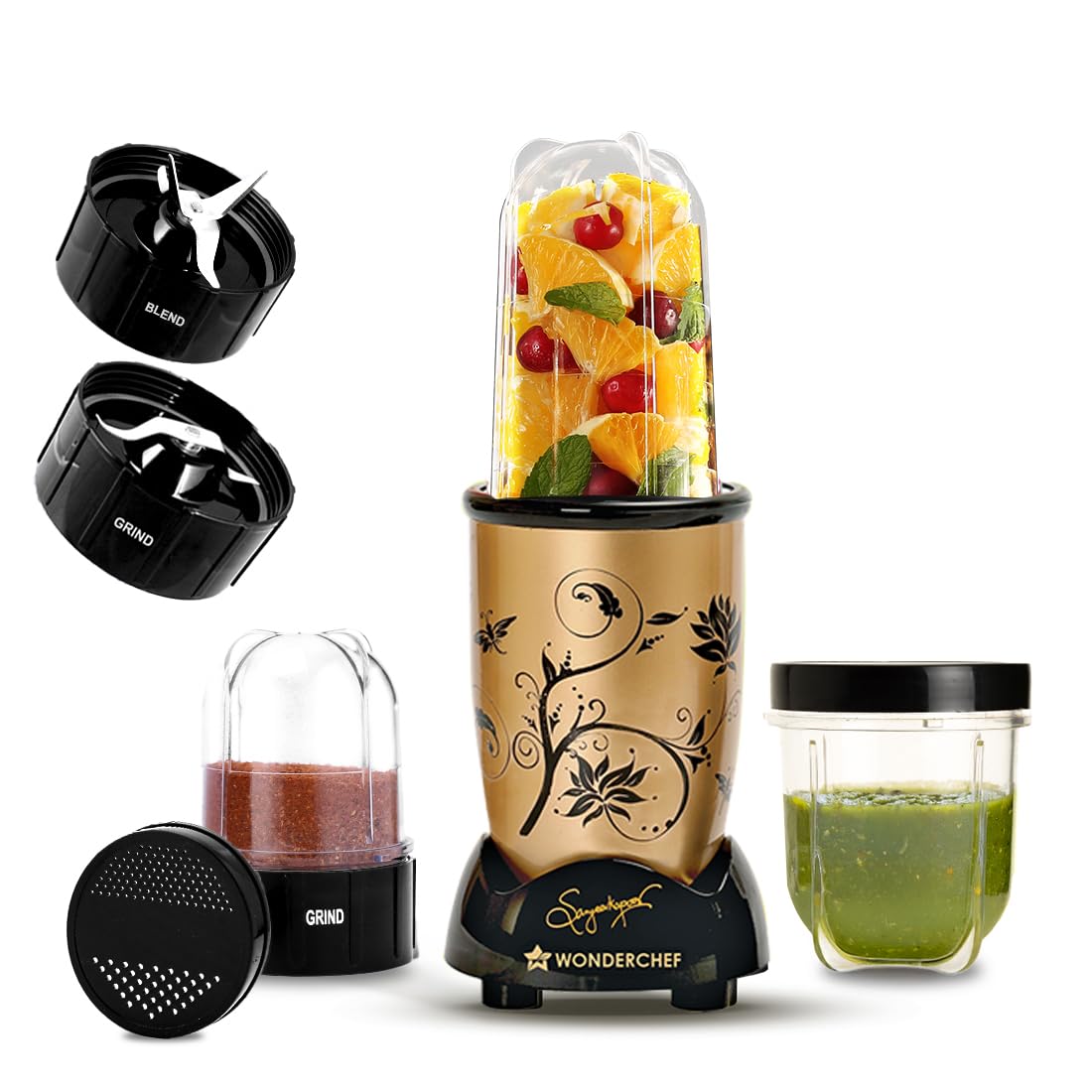 Wonderchef Nutri-blend Mixer, Grinder & Blender|400W 22000 RPM 100% Full Copper Motor|Stainless Steel Blades|2 Unbreakable Jars|2 Years Warranty|Recipe book by Chef Sanjeev Kapoor|Champagne