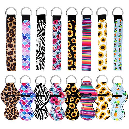 Sumfox 16Pcs Chapstick Holder Keychain Lipstick Holder Keychains with Wristlet Lanyard for Women Girls