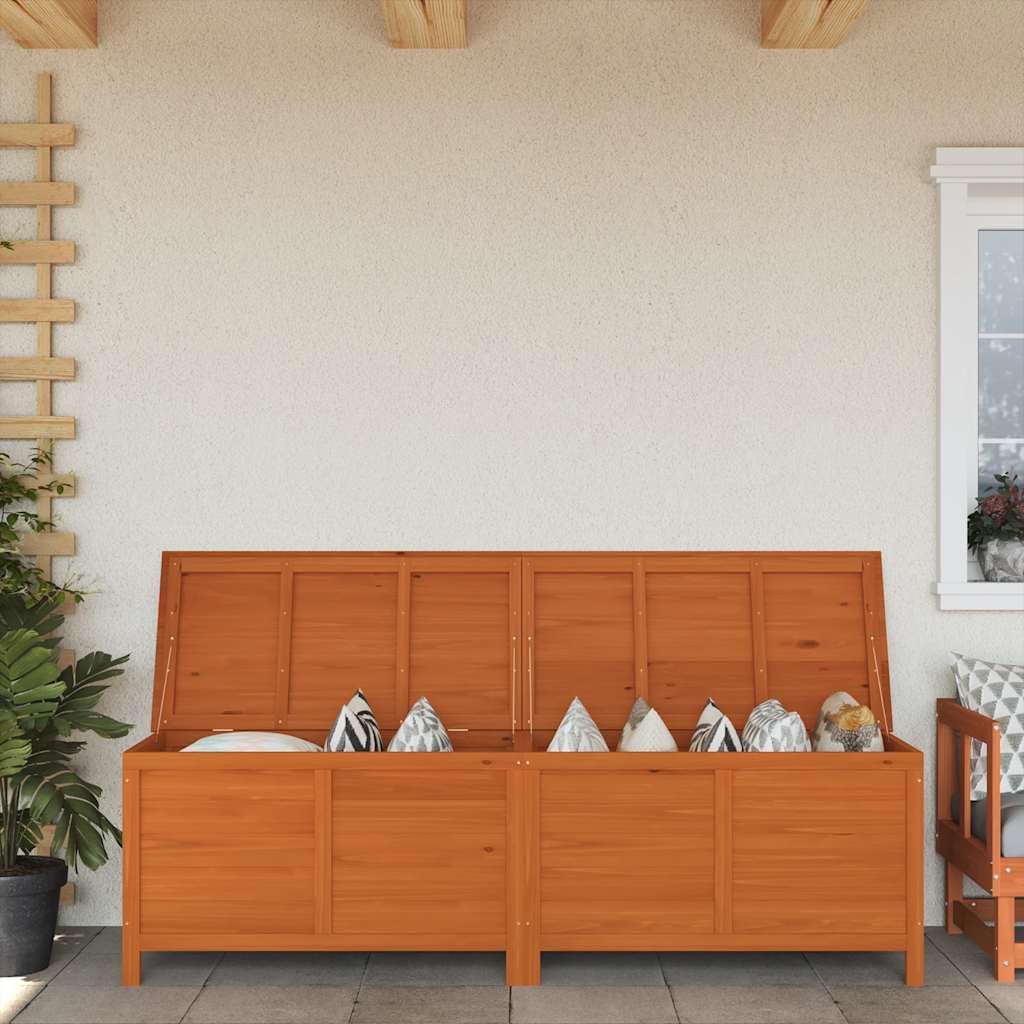 Caja de almacenamiento exterior de madera maciza de abeto, maletero de jardín para cojines y accesorios, gran espacio de almacenamiento con base de listones para ventilación óptima