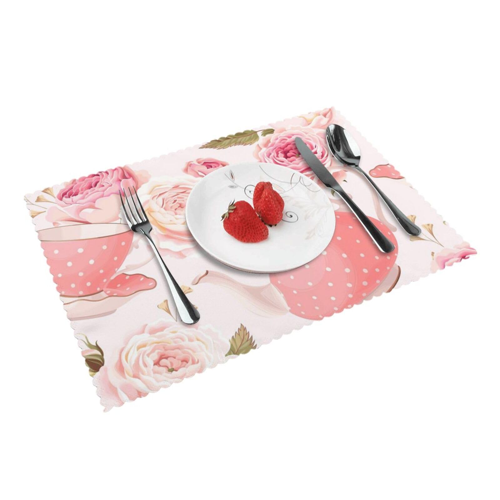 Tea Cups with Roses Romantic Shabby Printed Placemats Set of 4 PCS Washable Placemat for Kitchen Table Heat-resistant Table Mats 45x30 CM