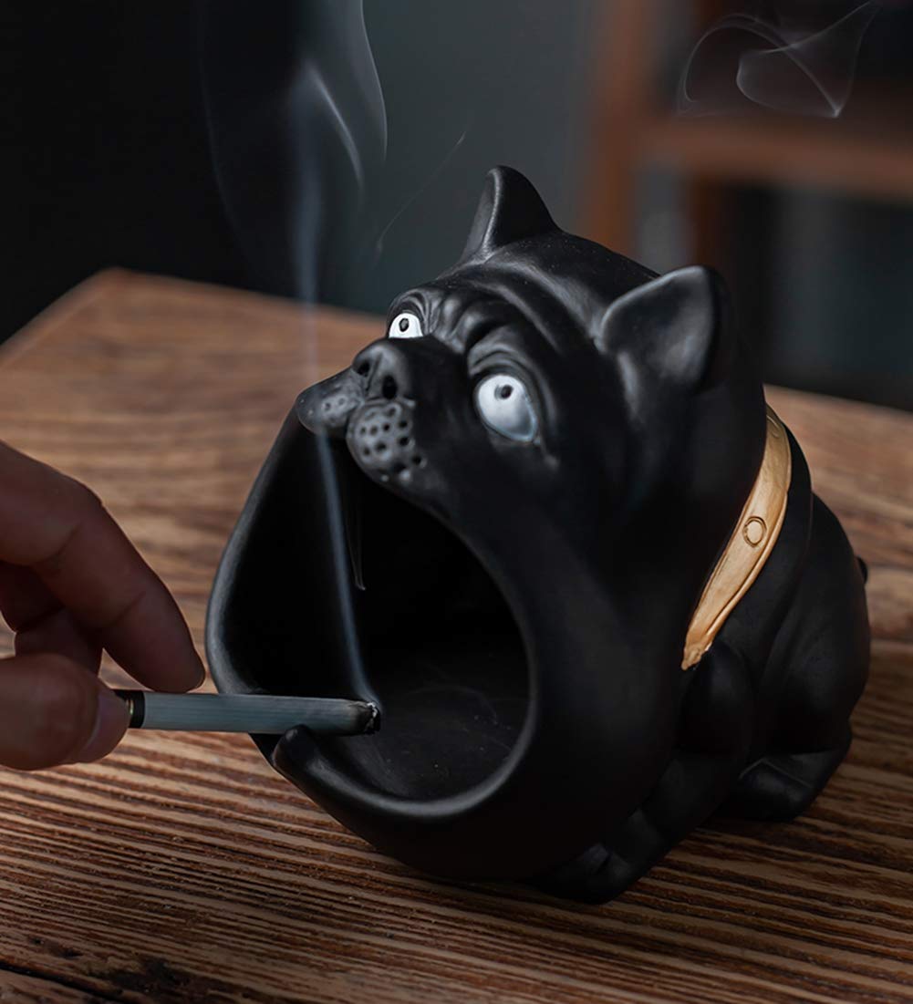 SELLONWANELO Windproof Cool Bulldog Ashtray Cigar Ceramic Ash Tray for Cigarettes Black