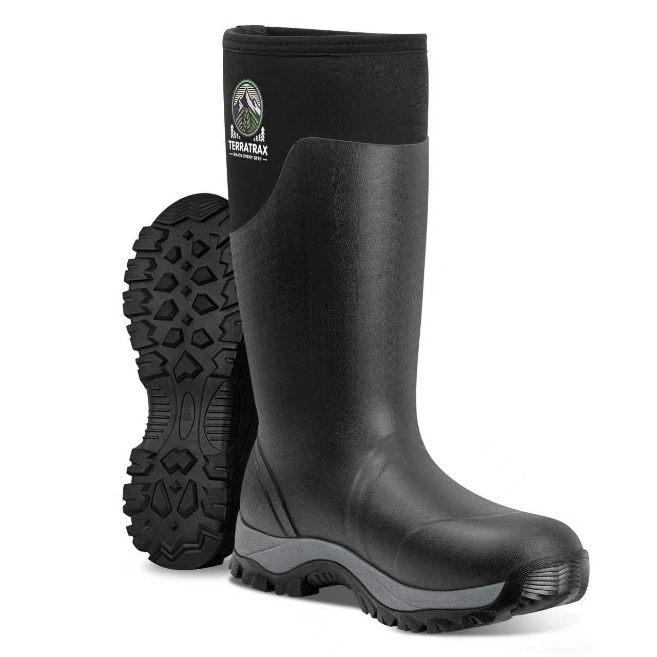 Photo 1 of TerraTrax Men's Waterproof Insulated Rubber Hunting Boots – 6mm Neoprene Rain Boots for Outdoor Work, Fishing, Farming & Gardening Black Size 11