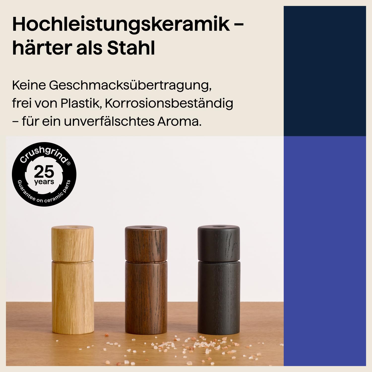 Crushgrind Bergen Gewürzmühle aus Holz mit Keramikmahlwerk | Salz und Pfeffermühle mit verstellbaren Mahlgrad für grobes Salz | Kräutermühle aus hochwertigen, nachhaltigen Materialien (Oak)