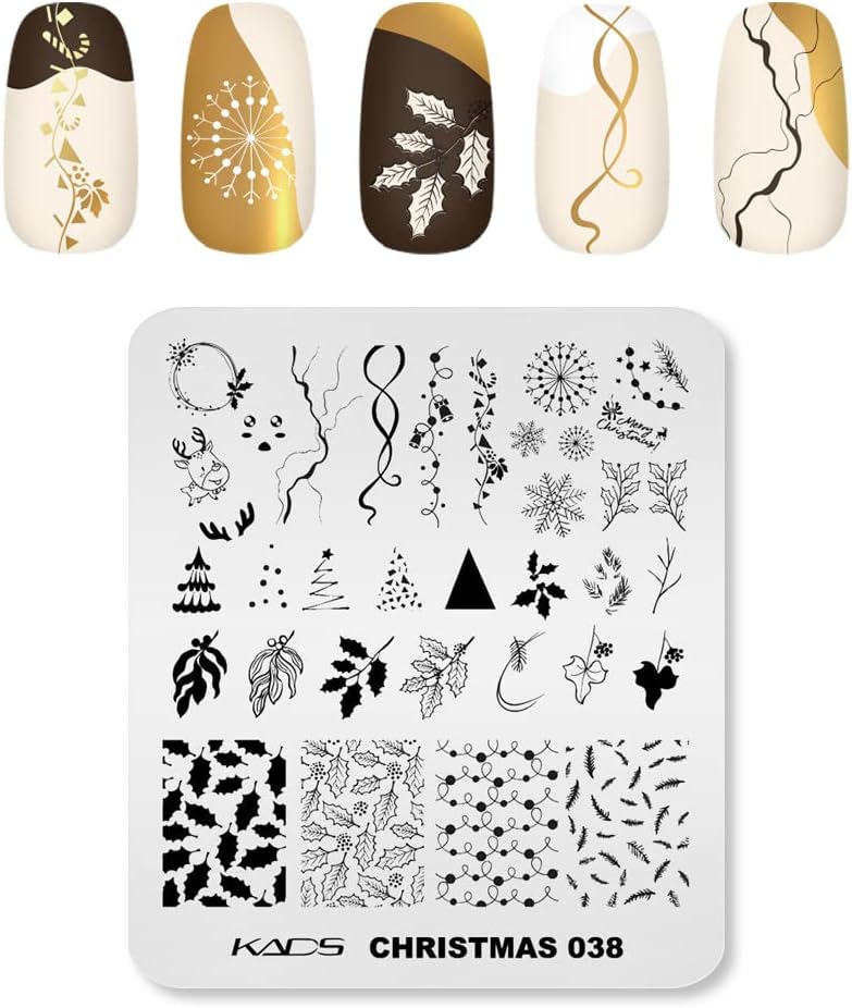 KADS Nail Stamping Plates Christmas Nail Stamp Templates Stencil Nail Art Tool DIY Manicure Decoration Snowman Gingerbread Man Snowflake Elk Streamer Bear (CH037)