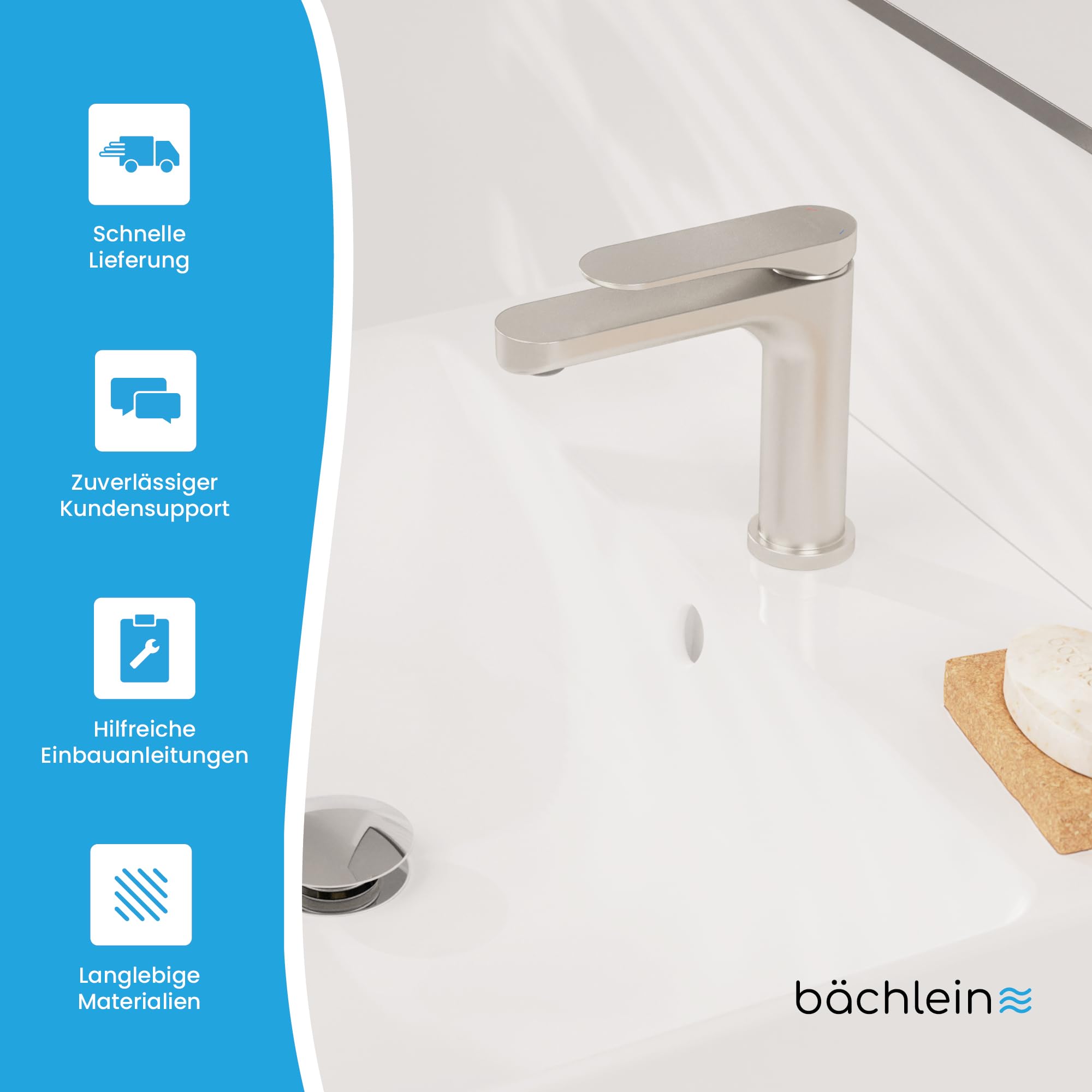 Bächlein Design Badarmatur Elowa Edelstahl gebürstet, Einhebelmischer mit langlebiger Keramikkartusche