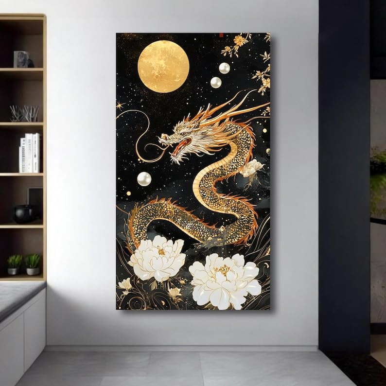 Tableau Dragon Céleste Doré d'Exception | Peinture sur Toile de Luxe TONGYINLI 50x90cm