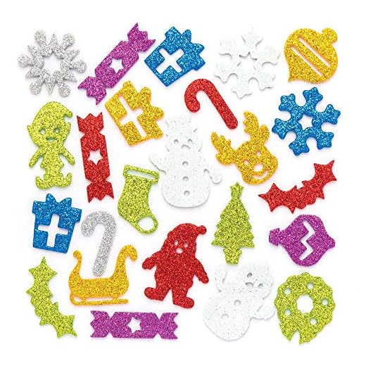 Baker Ross Etiquetas engomadas de la espuma del brillo de la Navidad (paquete de 120) para manualidades y proyectos de arte para niños, tarjetas, bolsos de fiesta y decoraciones