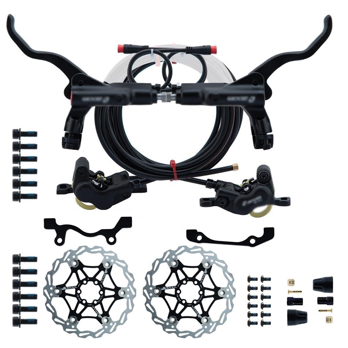 KLWEKJSD 4-Pistons E-Bike Hydraulic Disc Brake Set Included 2pcs Rotors Power-Off Electric Bike Brake Kit with 2-PIN Sensor, 2300mm Hose (Color : Black, Size : for 203mm)