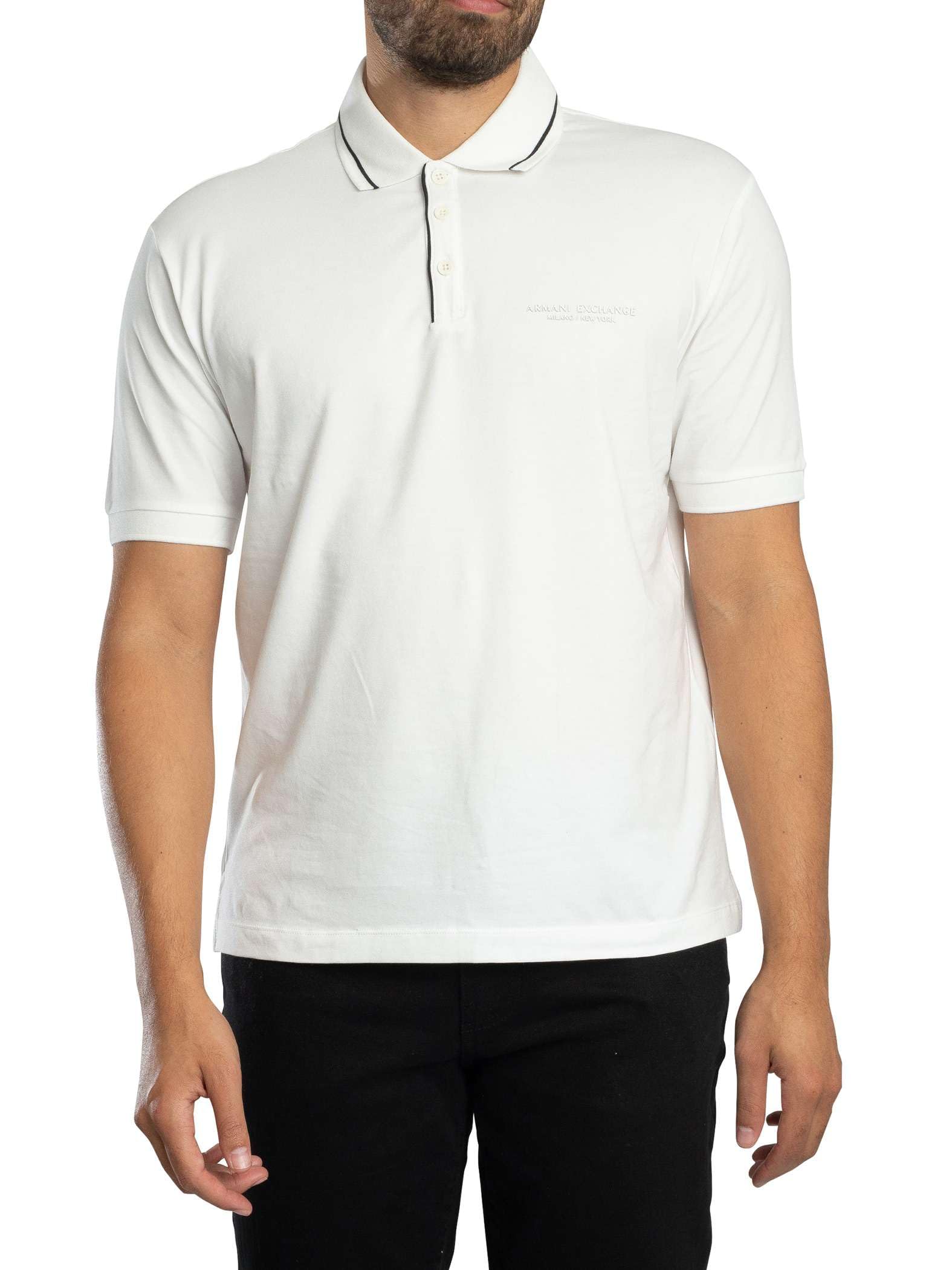 Armani Exchange Men's Essential, Striped Collar Side Milano-New York Logo Lettering Polo Shirt, Off White, XL, Off White, XL