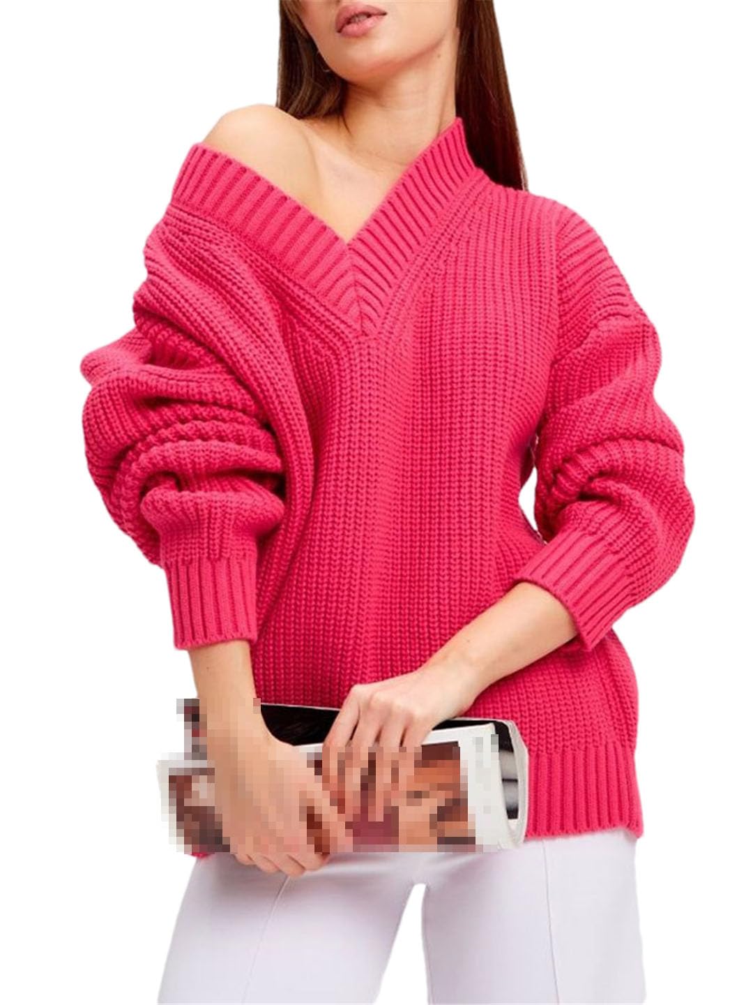 Vogrtcc Maglione invernale da donna oversize con scollo a V a maniche lunghe lavorato a maglia