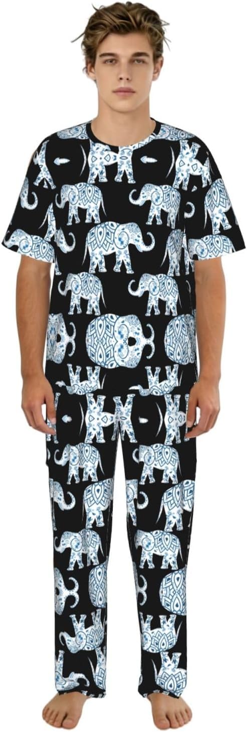 Men'S 2 Piece Loungewear Pajama Set Elephant Print Short Sleeve Tee Top And Pants Set S-3xl