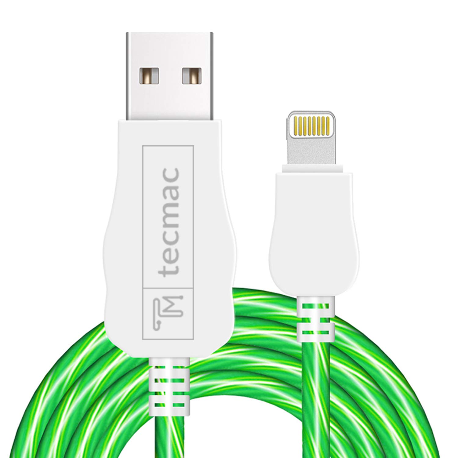 tecmac 8 Pin USB Cable with LED Visible Flowing Current | Fast Charge- Data Sync | 1 Meter | Green