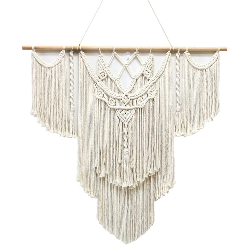 Tapices Macramé Tapiz de Pared nórdico Creativo, Colgante Decorativo de Pared Tejido a Mano con Hilo de algodón y Palo de Madera