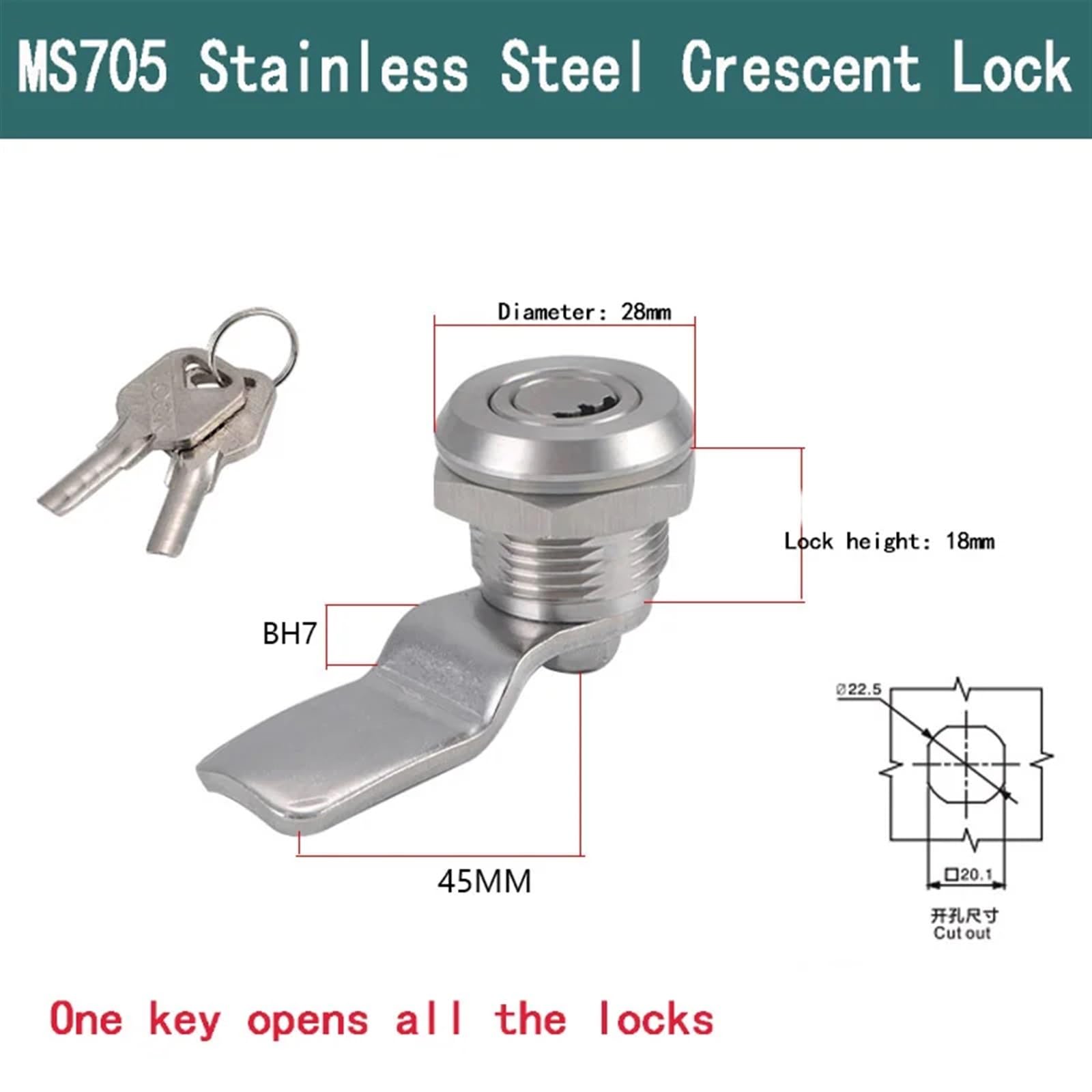 FJSUGAOW MS705 Series Stainless Steel Cam Lock Cabinet Electronic Control Cabinet Drawer Cupboard Locker Cabinet Tools (Color : 3-Crescent Lock-H7)