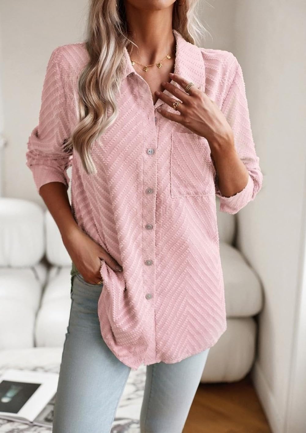 Langarmshirt Damen,Damen Lässige Bluse, Revers, Button Down Hemdjacke, Beige, Einfarbig, Gewellter Jacquard Mit Taschen, Stilvolles Hemd Mit Langen Ärmeln, Elegante Bluse, Blusen Tops Zum Ausgehen