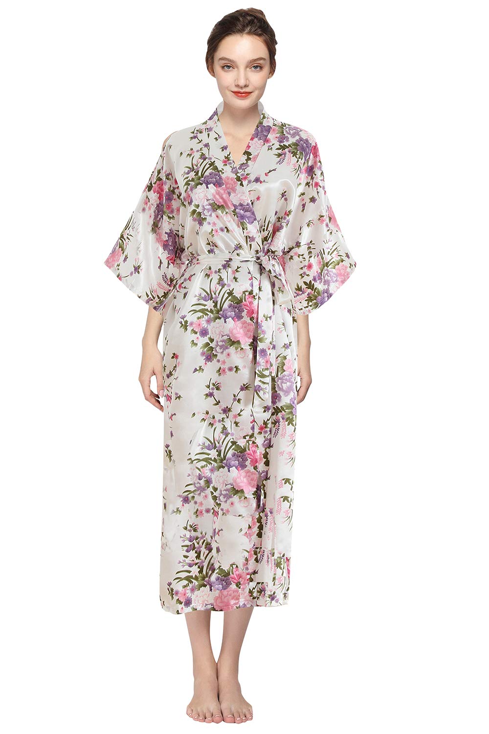 YAOMEI Mujer Vestido Kimono Satén larga, Camisón para mujer Sedoso Flores de cerezo Robe Albornoz Dama de honor Ropa de dormir Pijama Versión extendida