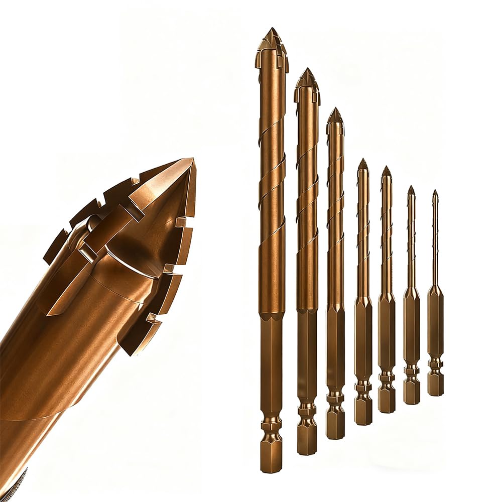 7pcs Alloy Steel Carbide Drill Bits, Four-Flute Sawtooth Eccentric Drill Bits for Stone Concrete Glass Brick Cement Wood Metal, High Impact 4-Edge Sawtooth Power Drill Bit (3/4/5/6/8/10/12mm)