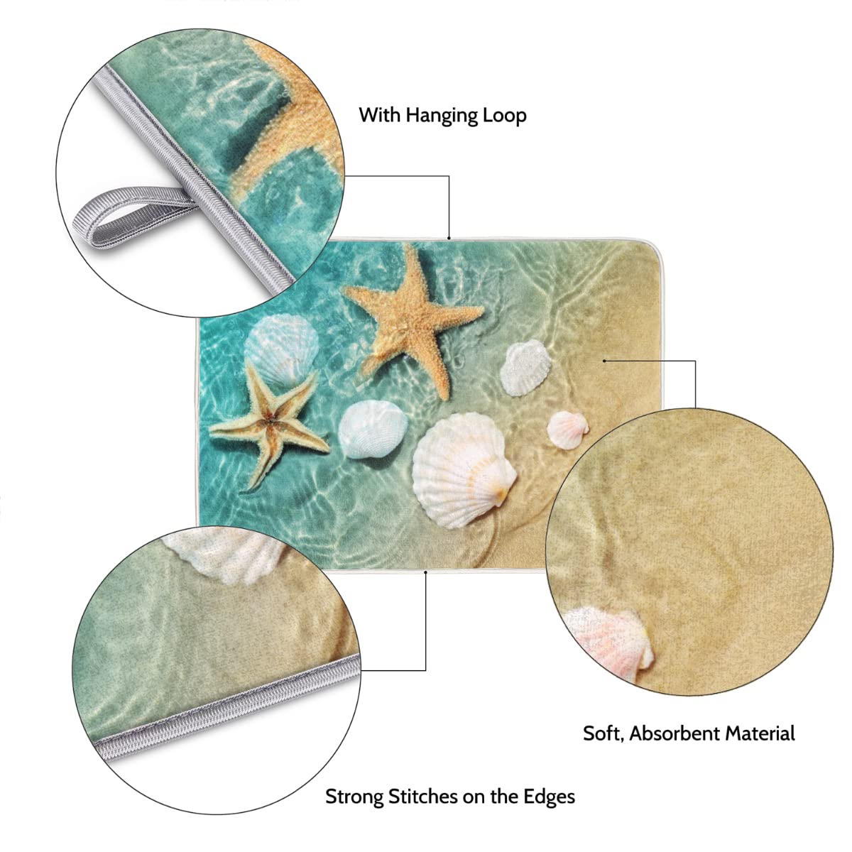 Starfish Seashell Dish Drying Mat 18x24 Inch – Coastal Absorbent Microfiber Kitchen Counter Pad