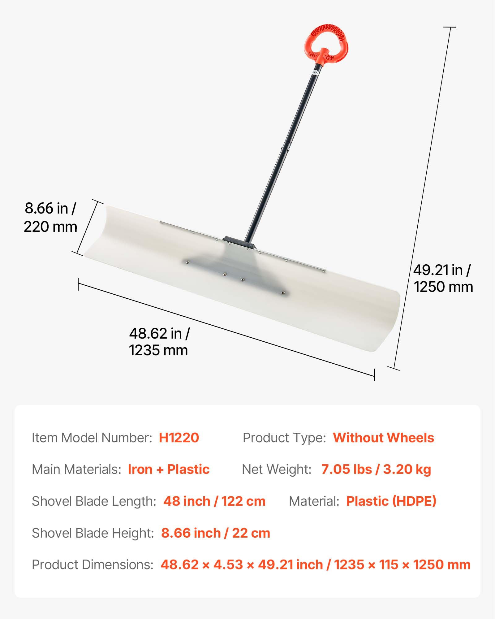 VEVOR Łopata do śniegu 122 cm z ergonomicznym uchwytem, zimowe łopatki z segmentowym uchwytem, pasek z metalową krawędzią, przenośne narzędzie do usuwania śniegu na podjazd, ogród