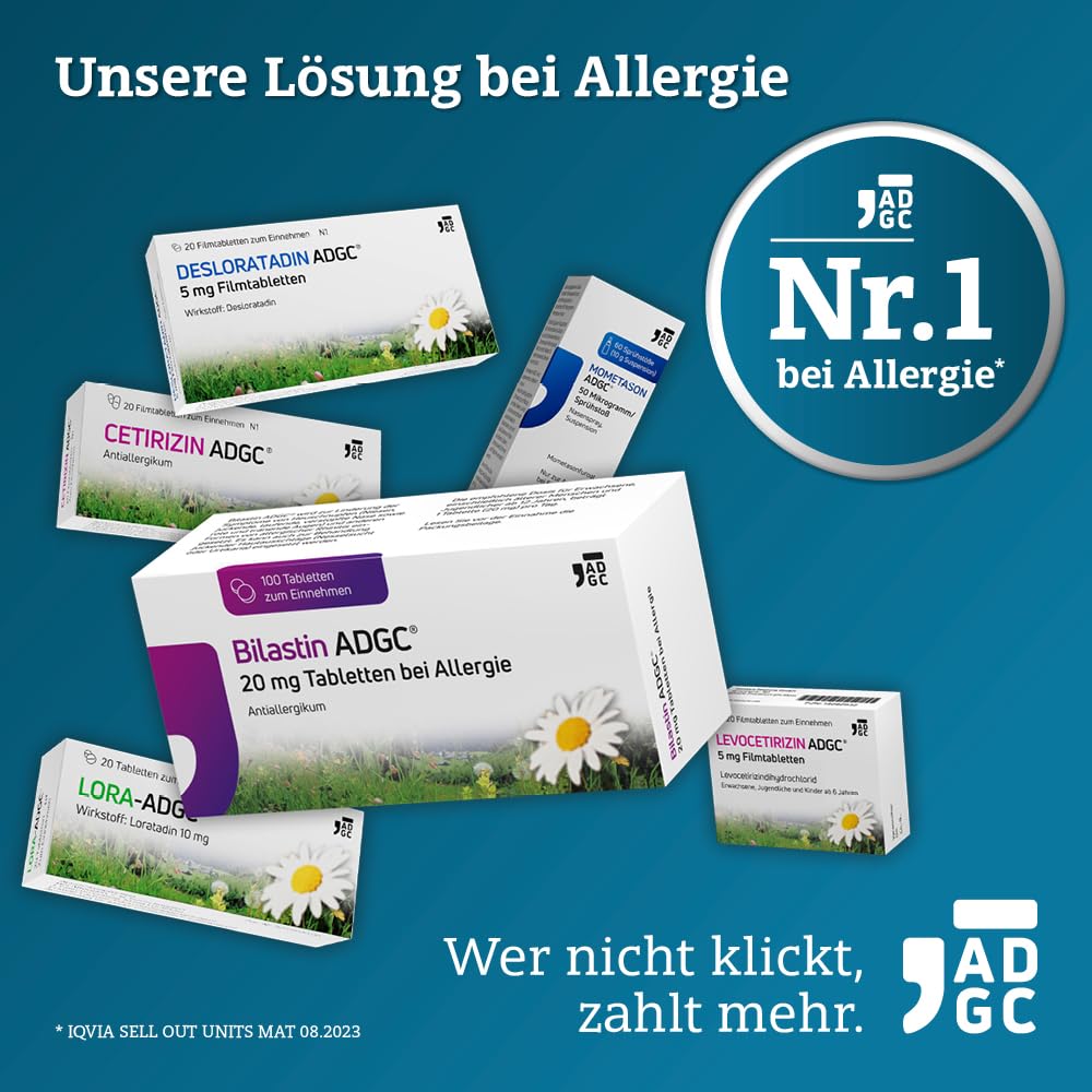 Bilastin ADGC® 3x 100 St - Allergietabletten bei Heuschnupfen - schnell & langanhaltend bis 24 St. wirksam bei allergischem Schnupfen, Nesselsucht(Urtikaria), Juckreiz, Tierhaar- und Hausstauballergie