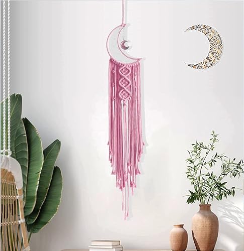 Miniatura 7 de Atrapasueños Atrapasueños Rosa para Dormitorio de Niñas Decoración de Pared para Mujeres, Atrapasueños de Luna con Luz, Atrapasueños de Macramé