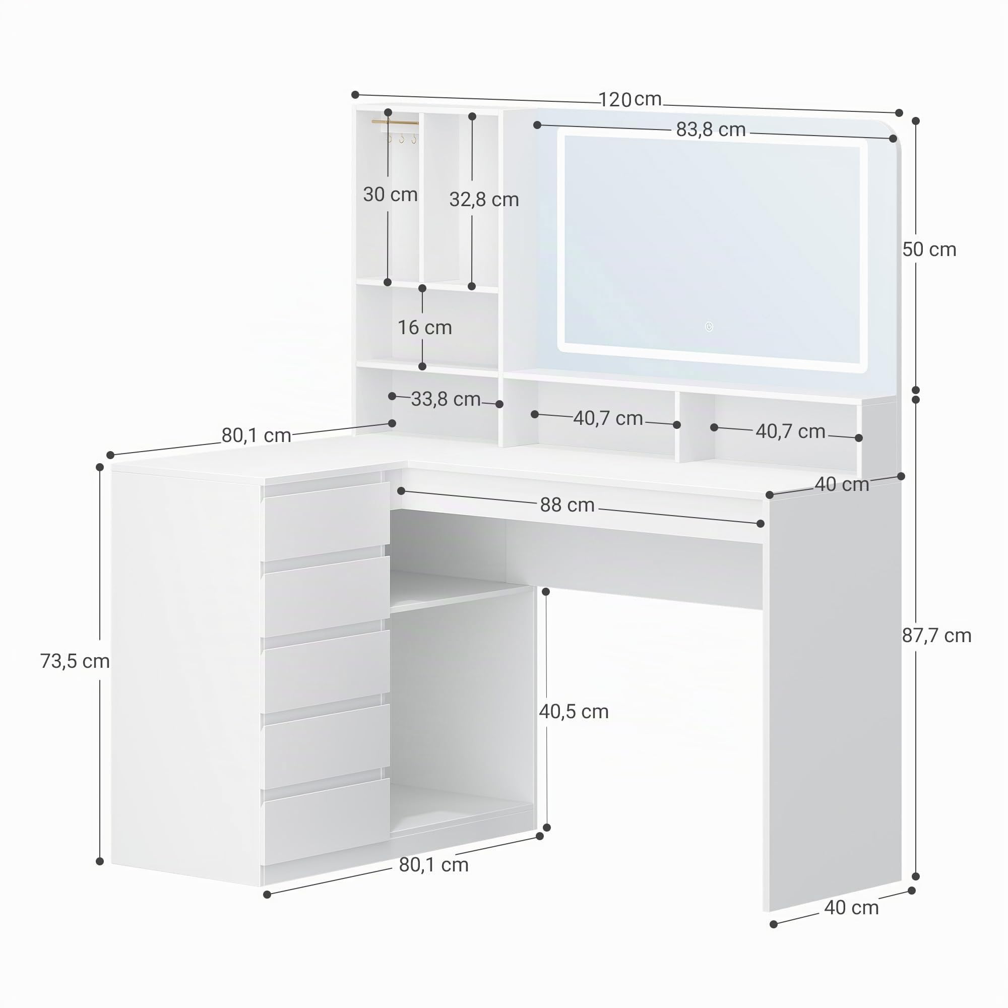 Hzuaneri Toeletta da Trucco Grande con Illuminazione a LED, Toeletta da Trucco con specchio, Postazione Truccos angolare a L con 5 cassetti, 7 scomparti aperti, ganci per collane, Bianco DT42503XEU
