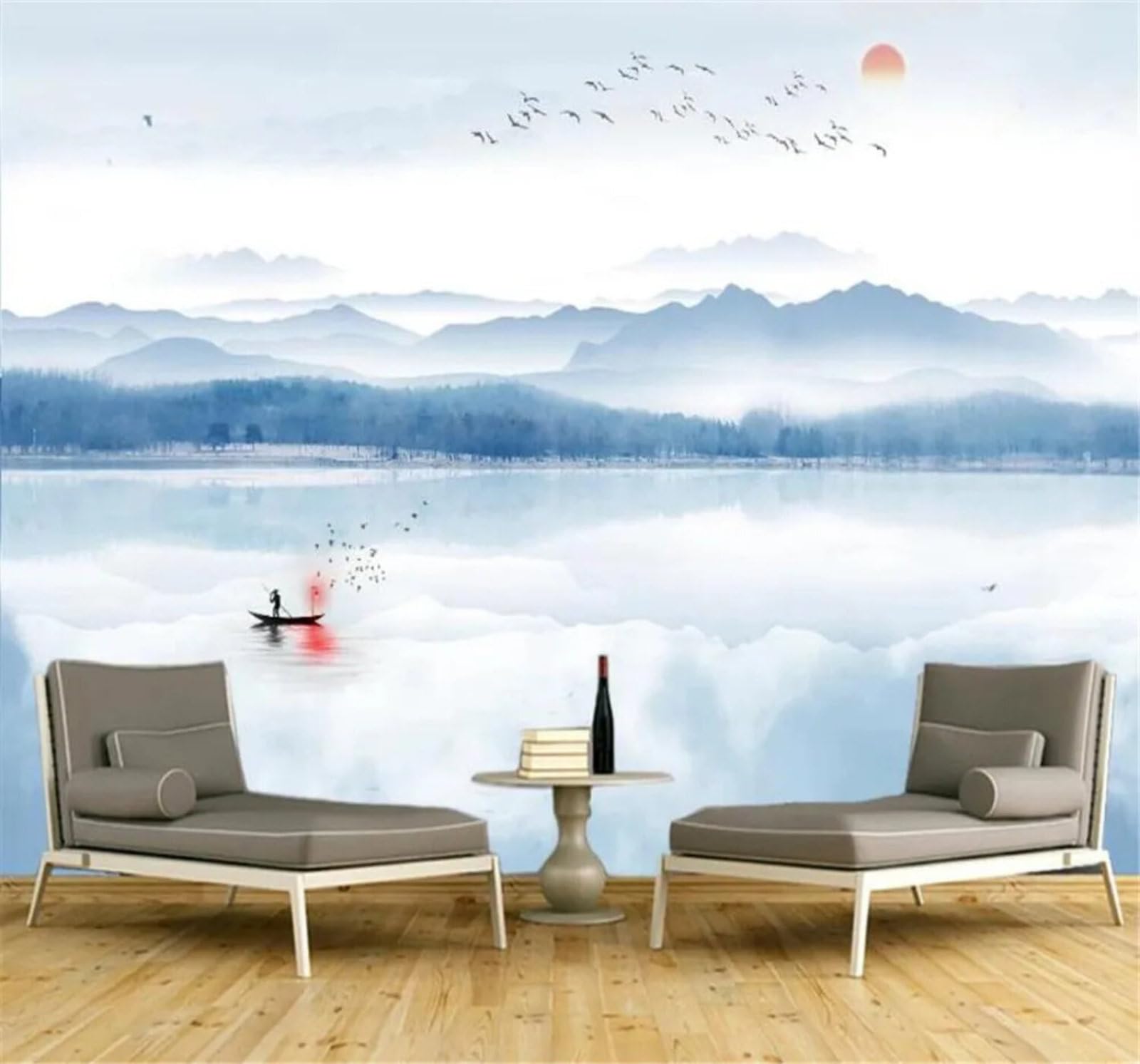 Tzxztt Fresh Ethereal Ink Wash Landscape Ambience Modern 3D Wallpaper Premium Textured Silk Neutral Tones Material Ideal for Living Room Bedroom-350cm×256cm