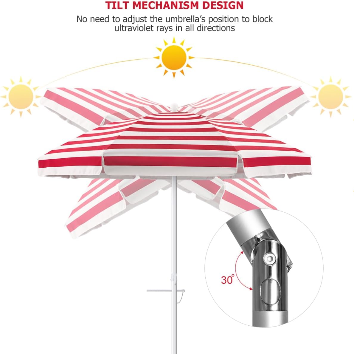 YARNOW 6.5ft Beach Umbrella with Sand Anchor & Carry Bag, Portable Sun Shade with Tilt Aluminum Pole for Beach, Pool, Patio, Garden (Red and White Stripes)