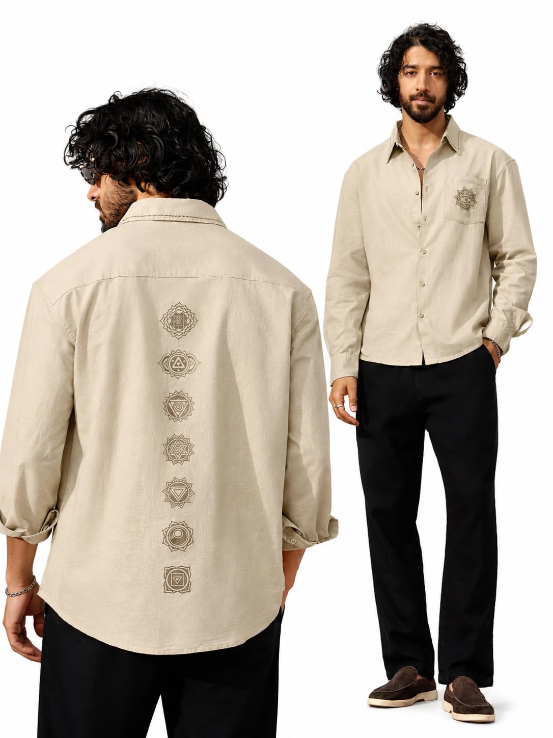 the souled store Cotton Linen: Chakras Men and Boys Long Sleeves Spread Collar Beige Embroidered Regular Fit Lightweight Breathable Everyday Casual Button Down Cotton Linen Shirts-picture-47