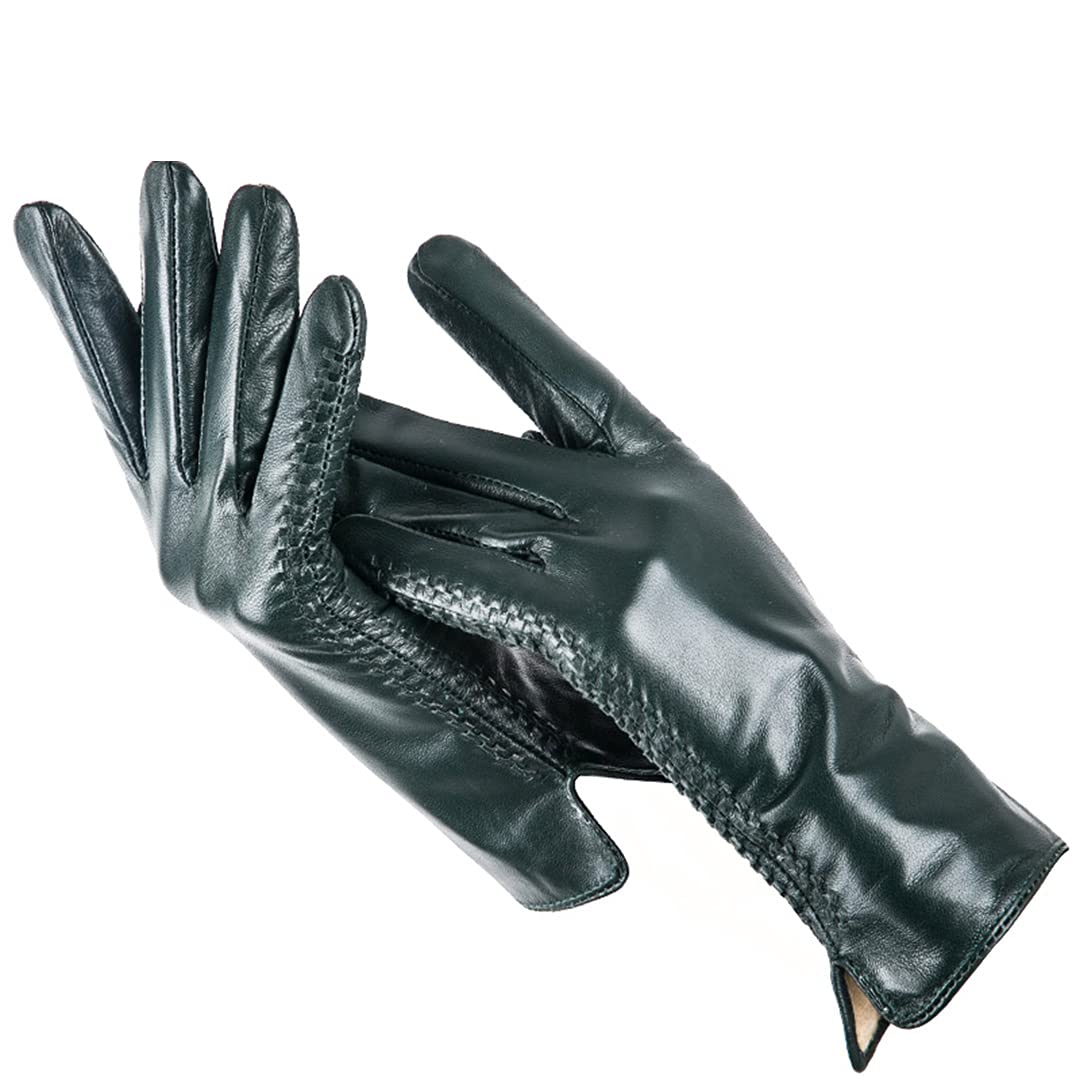 Guanti in pelle da donna con fodera in caldo pile, guanti da guida in pelle antivento per esterni Black Green 8