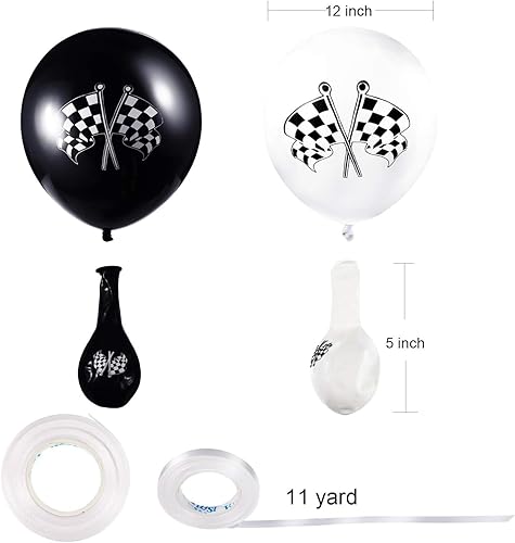 Miniatura 2 de Chengu 50 globos a cuadros de látex blanco y negro con bandera de coche de carreras de 12 pulgadas para decoración de fiestas temáticas de