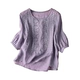 Linen Shirts for Women Summer 2025 Retro Embroidered 3&sol;4 Sleeve Boho Tops Dressy Casual Blouses Teacher Loose Tunics
