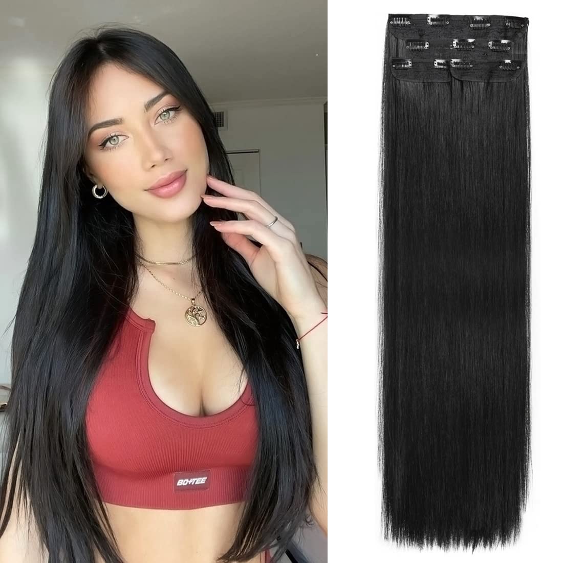Natural Black Clip in Hair Extensions Black Women 4 Pieces, Full Head Long Straight Hair Extensions Clip ins Double Weft Thick Hair Classic Pieces (26″, Natural Black)