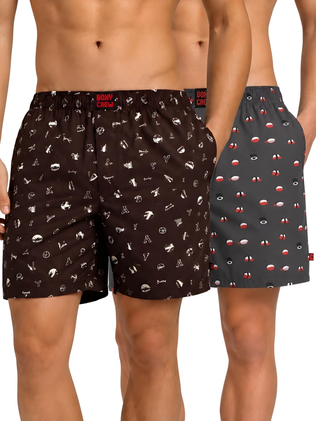 boxy crew Men Boxer Shorts Pack of 2, 100% Cotton Woven Boxers, Brown & Charcoal, Printed Designs, Dual Side Pockets, No-Marks Inner Elastic Waistband, Relaxed Fit Lounge & Sleep Shorts-picture-30