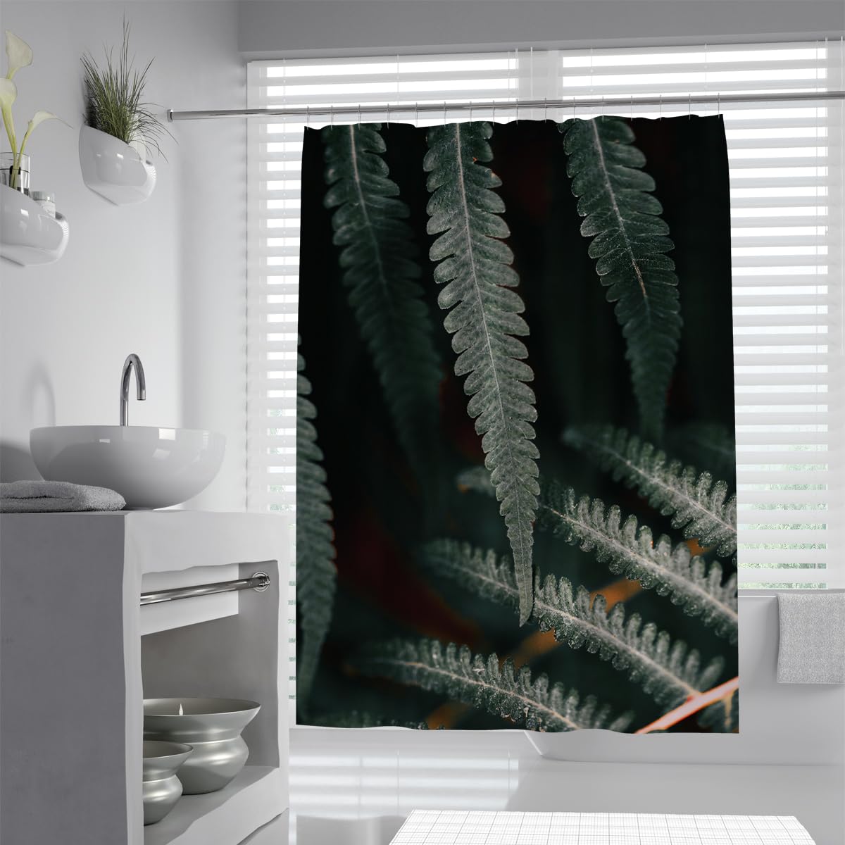 UIRINGART Dark Fern Fronds Bath Curtain W200xL200cm Moody Rainforest Botanical Pattern Waterproof Anti Mould Bathroom Curtain with Hooks