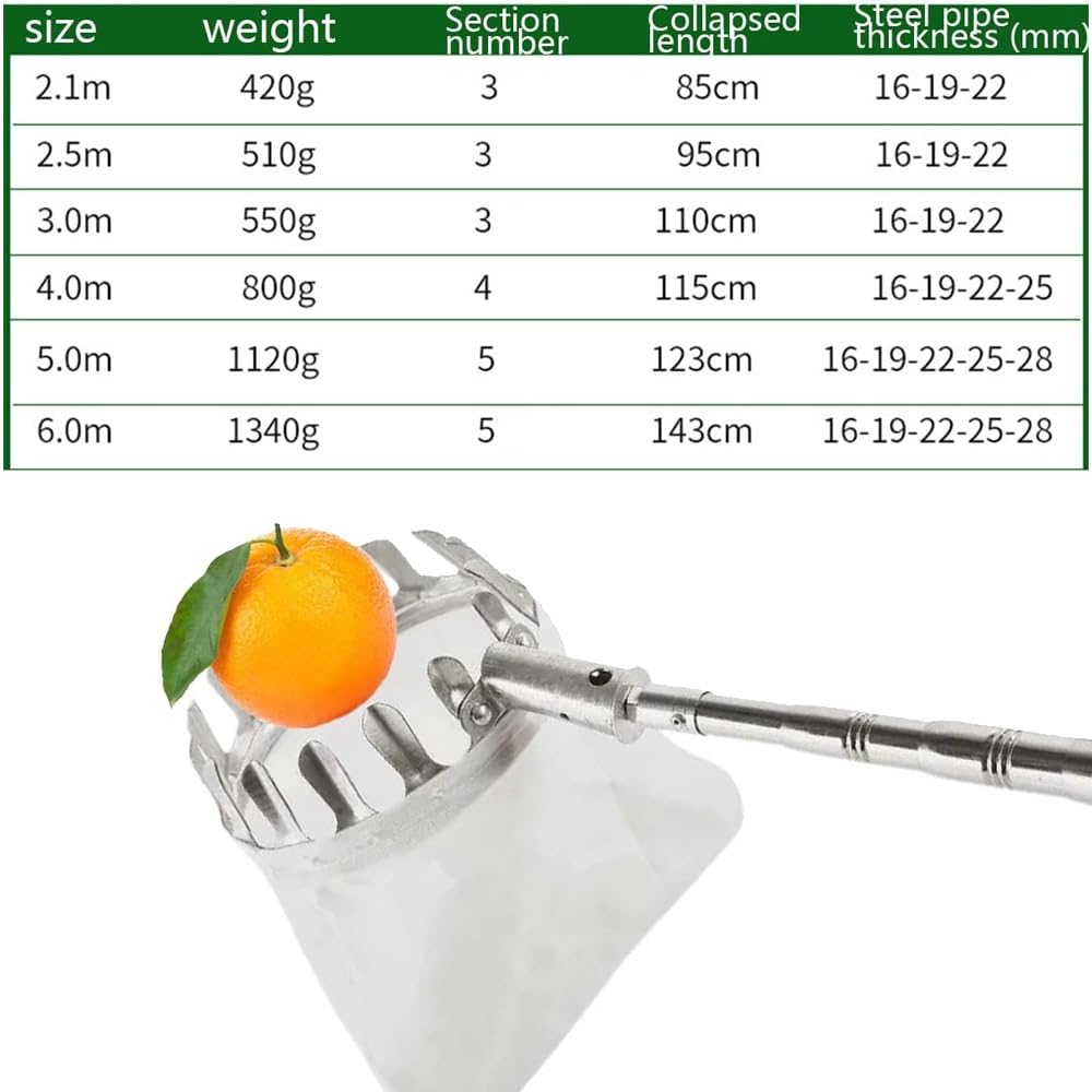 Raccoglitore di frutta Raccoglitore di frutta Raccoglitore di frutta con asta telescopica allungabile for piedi e manico antiscivolo, pratico aiuto for la raccolta di pere, limoni, arance (Size : 6M