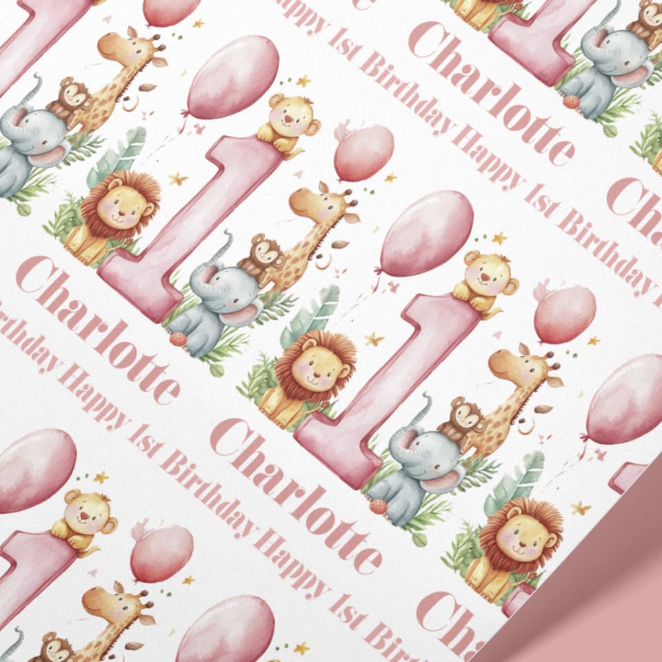 Personalised Pink Safari 1st Birthday Wrapping Paper | Any Name