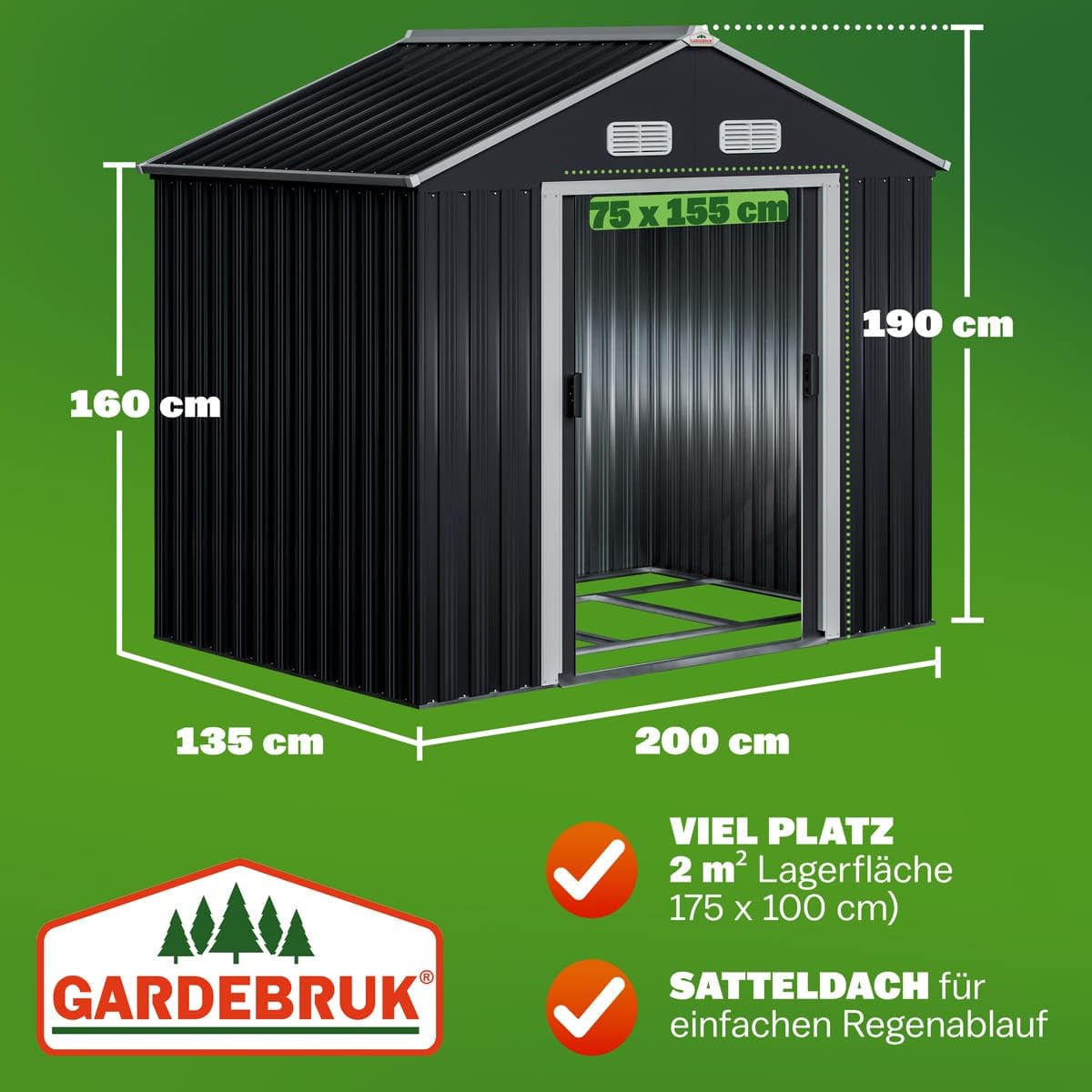 GARDEBRUK® XL Metall Gerätehaus 2m² 196x132x188cm Schiebetür Anthrazit Geräteschuppen