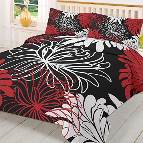 Bedding Duvet Cover Set, Red Black White Abstract Floral Twill Plush Bedding Set,Soft Touch Comforter Cover Set With Zipper Closure - 1 Duvet Cover + 2 Pillow Shams Full Size #TOP2