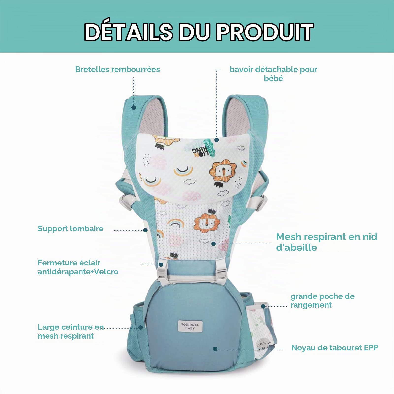 Porte Bébé,Siège de Hanche Multifonction pour Porte Bebe de 3 à 36 mois, 6 en 1 Façons de Transporter,Taille Réglable,Pour Nouveaux Nés Et Bébés de 3 à 20 kg