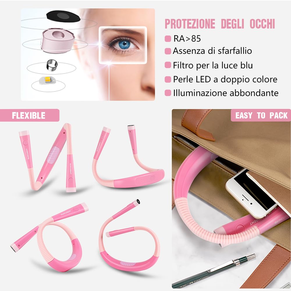 Glocusent Lampada da Lettura, LED luce del libro, Ricaricabile, 3 Colori, 6 Livelli di luminosità, Bracci pieghevoli, mani libere, Perfetta per E-Reader, Studio,Letto,Viaggi,Lavoro a Maglia