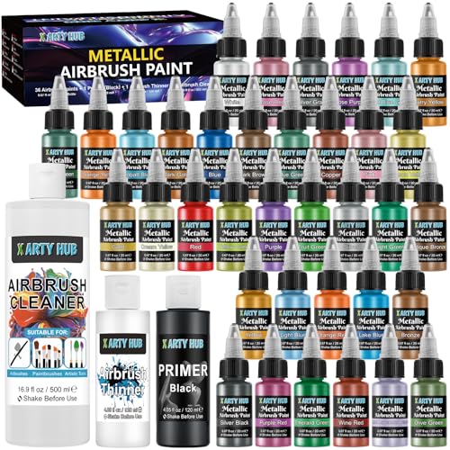 X ARTY HUB Metallic Airbrush Farben Set, 36 Farben inklusive 120 ml Grundierung Schwarz, Verdünner & 500 ml Reiniger, Sprühfertige Acrylfarbe, Wasserbasiertes Airbrush-Malset für Künstler und Anfänger