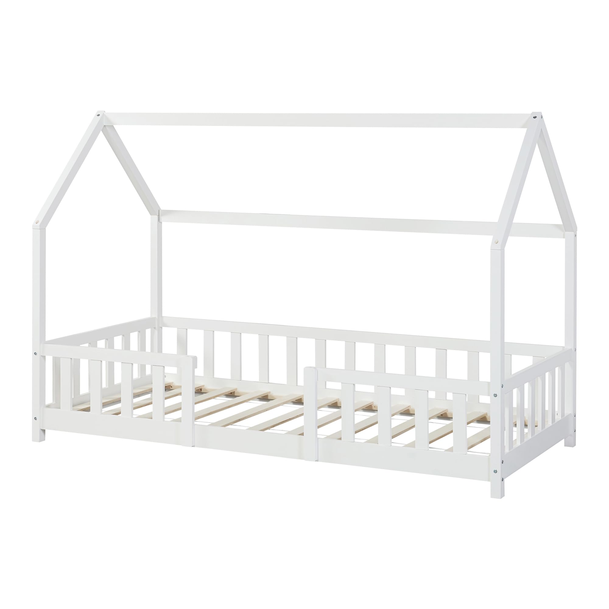 [en.casa] Letto per Cameretta Letto a Casetta per Bambini con Barriere Letto Singolo in Legno di Pino con Zona di Riposo 90x200 cm Bianco