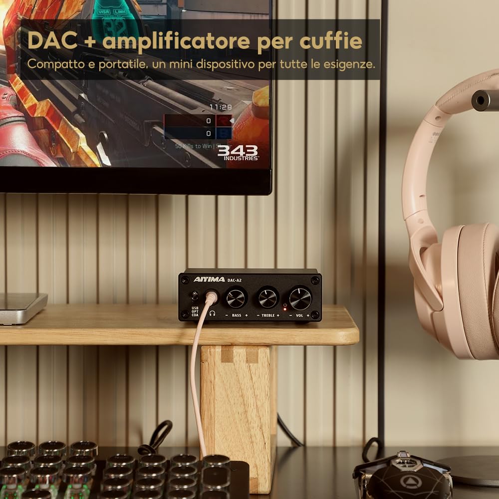 AIYIMA DAC-A2 DC5V Mini Decodificatore audio DAC alimentato USB Amplificatori per cuffie desktop Coassiale/Ottico a RCA Uscita per cuffie Convertitore digitale-analogico a 24 bit 192 KHz